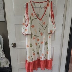 Floral Cold Shoulder Dress with Coral Accents